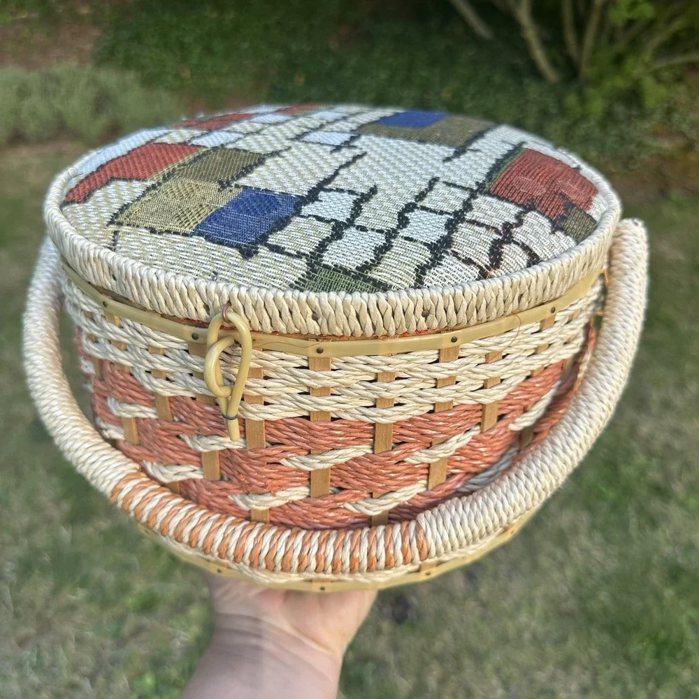 Vintage Wicker Sewing Basket Orange Satin Liner Japan Handle Woven Tapestry Lid